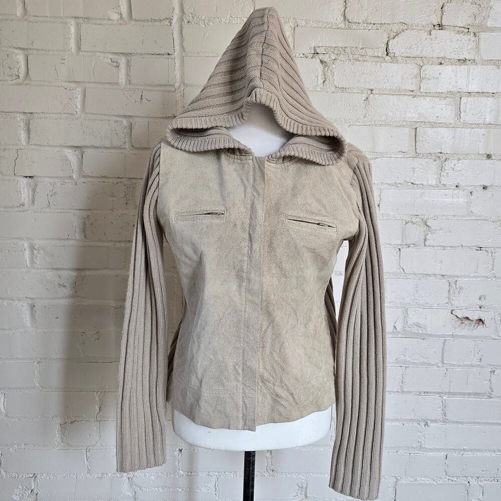 ​Vintage Y2K Suede Leather Front Rib Knit Hooded Sweater Jacket Tan Beige
